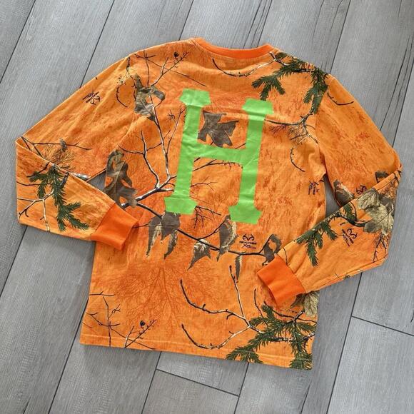 HUF x Realtree Camo Long Sleeve Shirt Sz S Blaze Orange Green H Logo Y2K Street - Picture 8 of 9